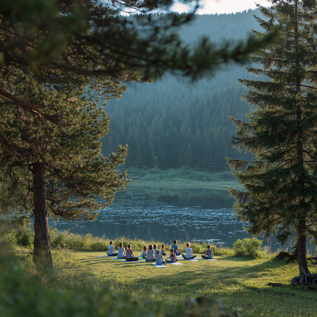 Група хора практикуват йога в студио